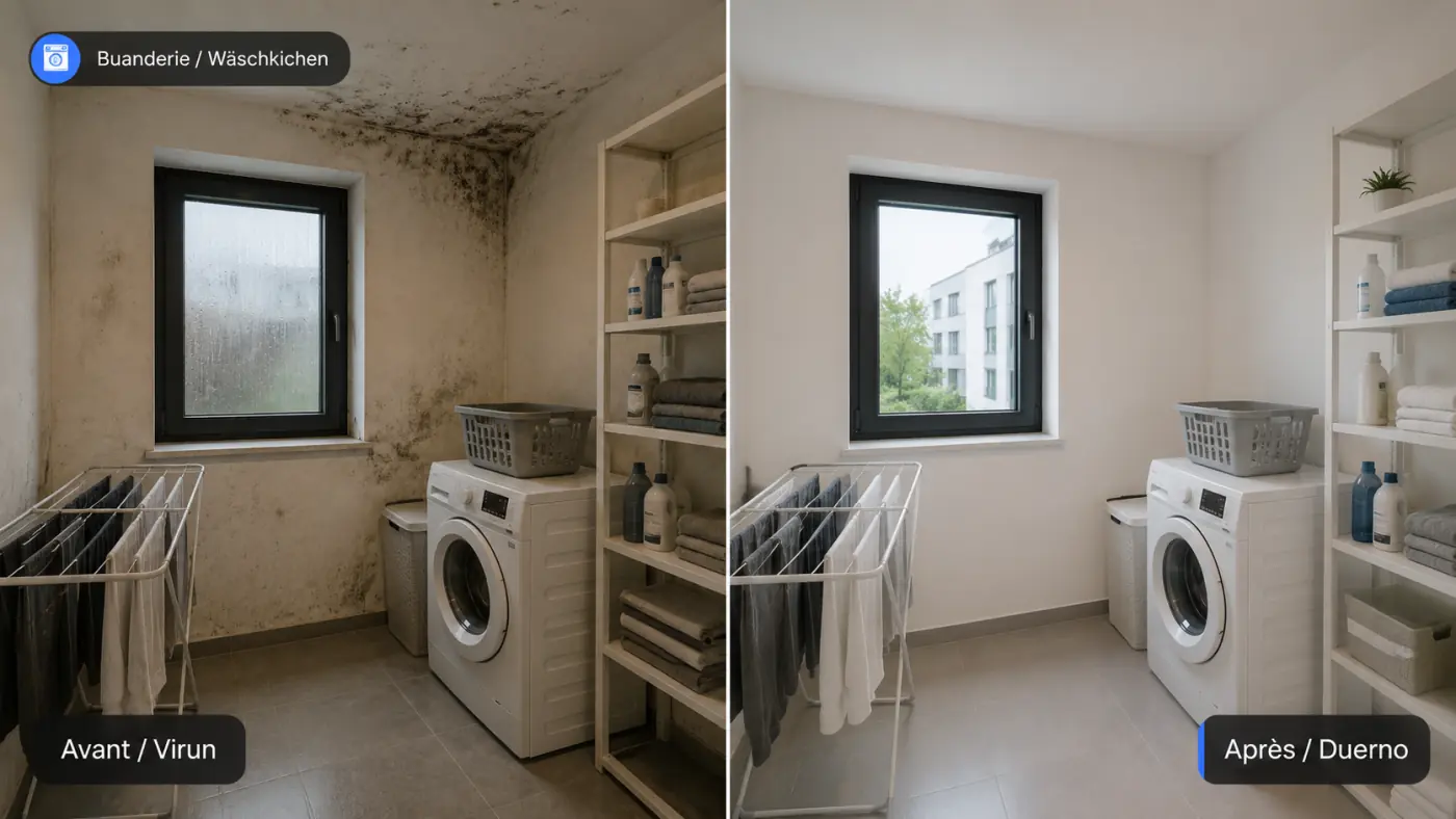 Avant après d’une buanderie humide avec moisissures et ventilation améliorée au Luxembourg