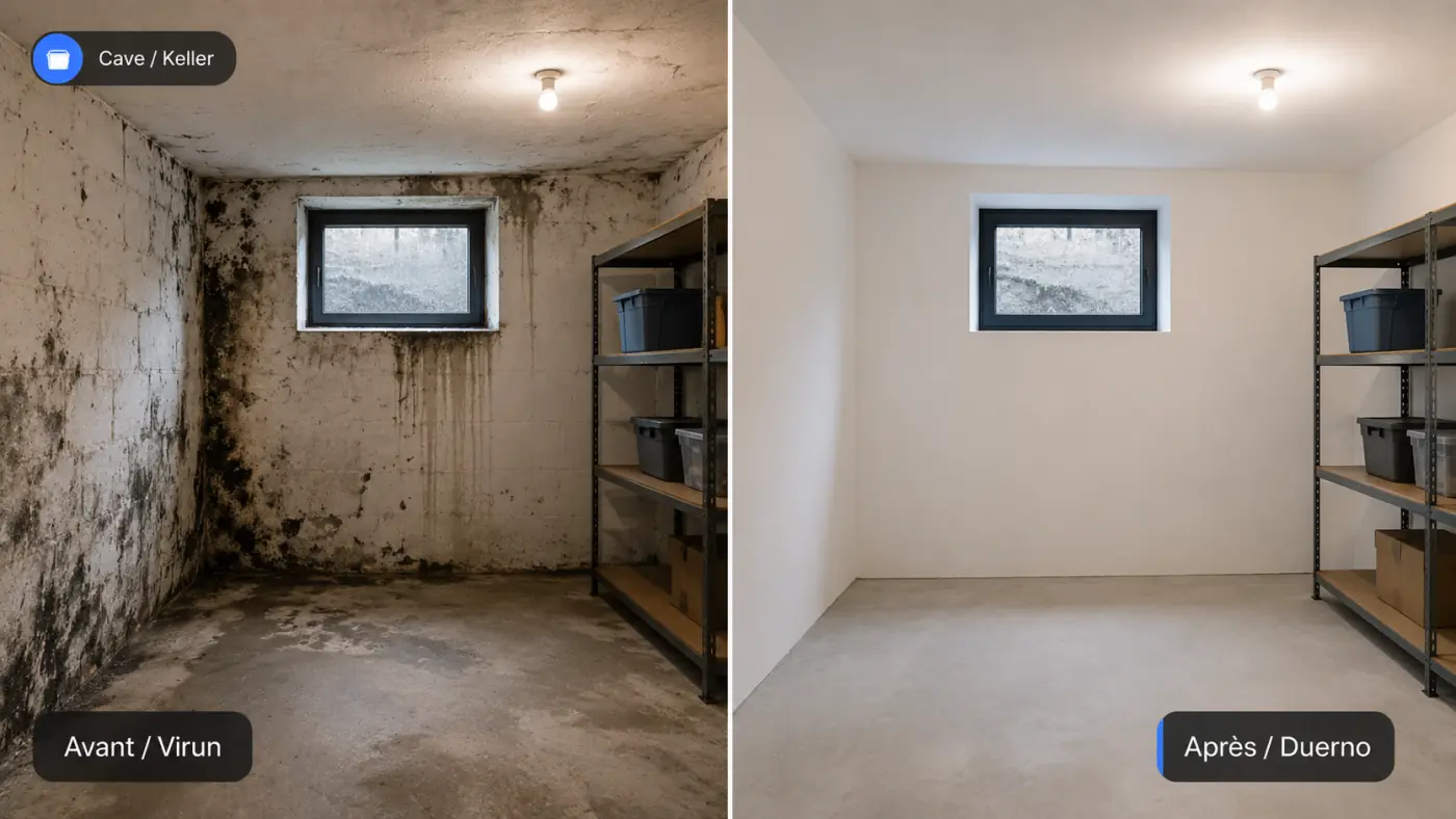Avant après d’une cave humide avec moisissures et meilleure ventilation au Luxembourg