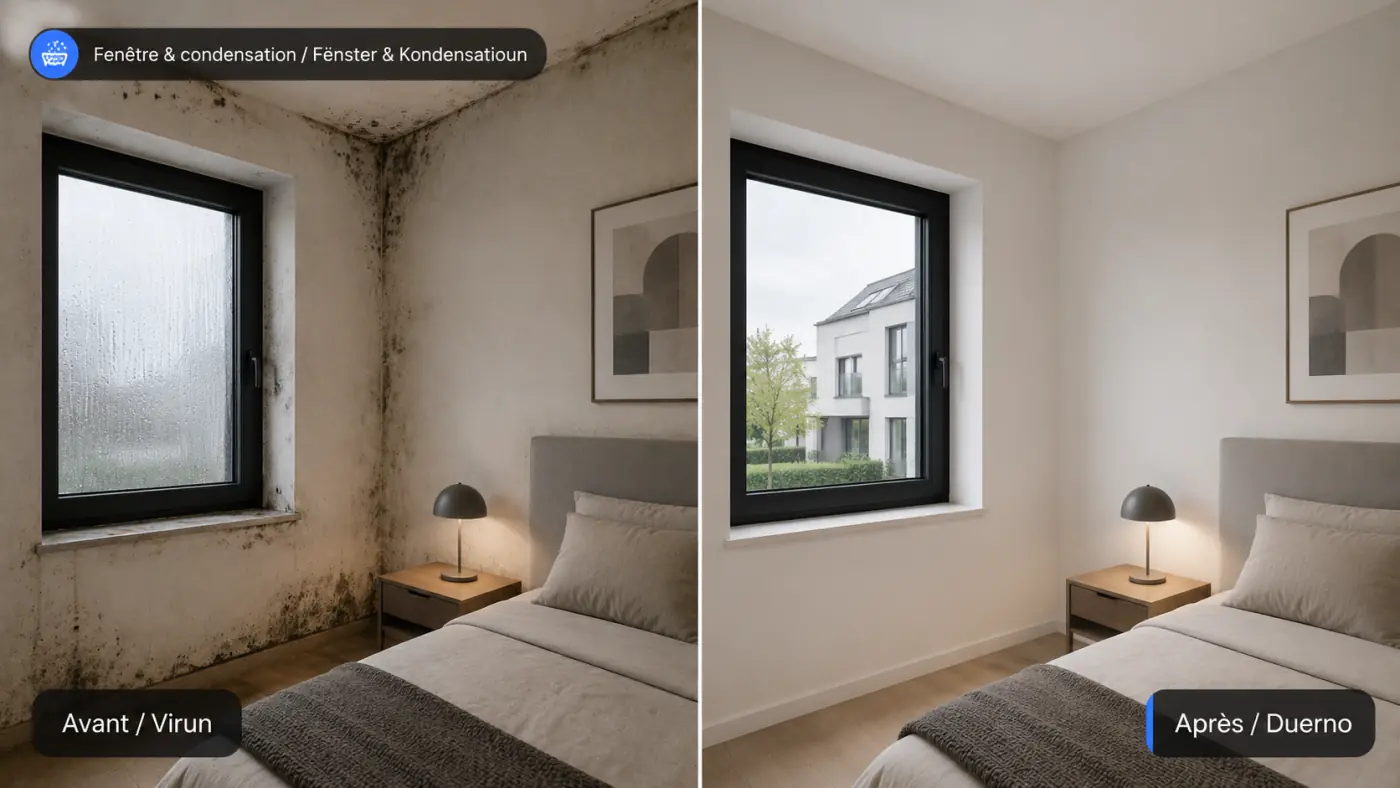 Avant après d’une chambre avec condensation aux fenêtres et moisissures autour du mur au Luxembourg