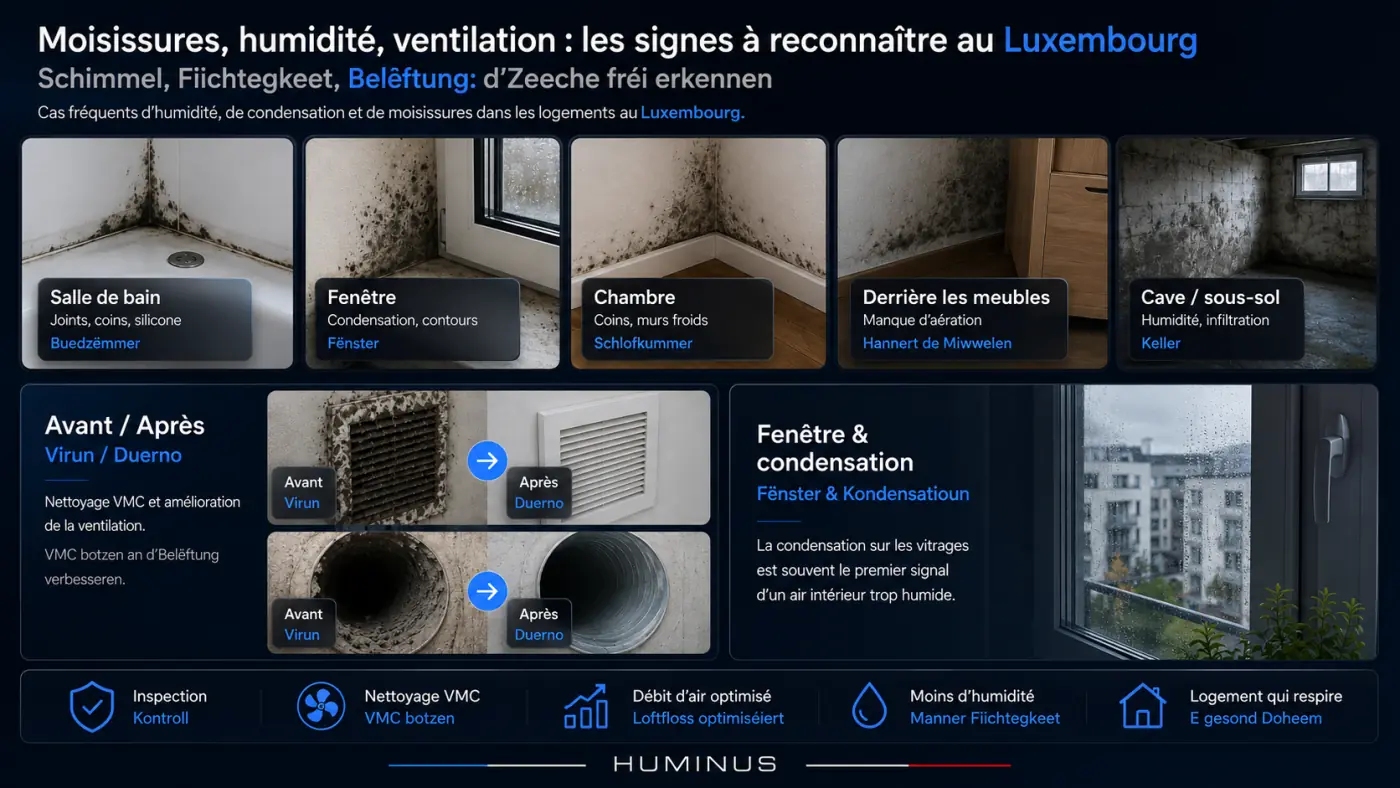 Infographie HUMINUS sur les moisissures, l’humidité, la condensation et la ventilation dans un logement au Luxembourg