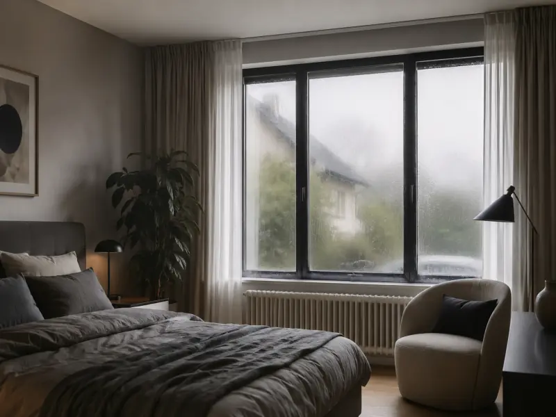 Chambre avec air humide et fenêtre embuée signalant un manque de ventilation